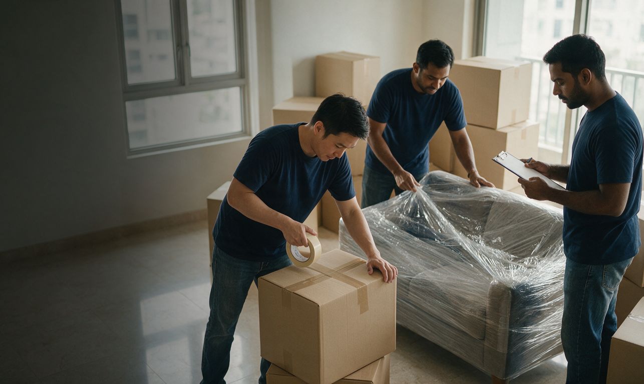 Three JustGo team members wrapping furniture and packing boxes in a bright room