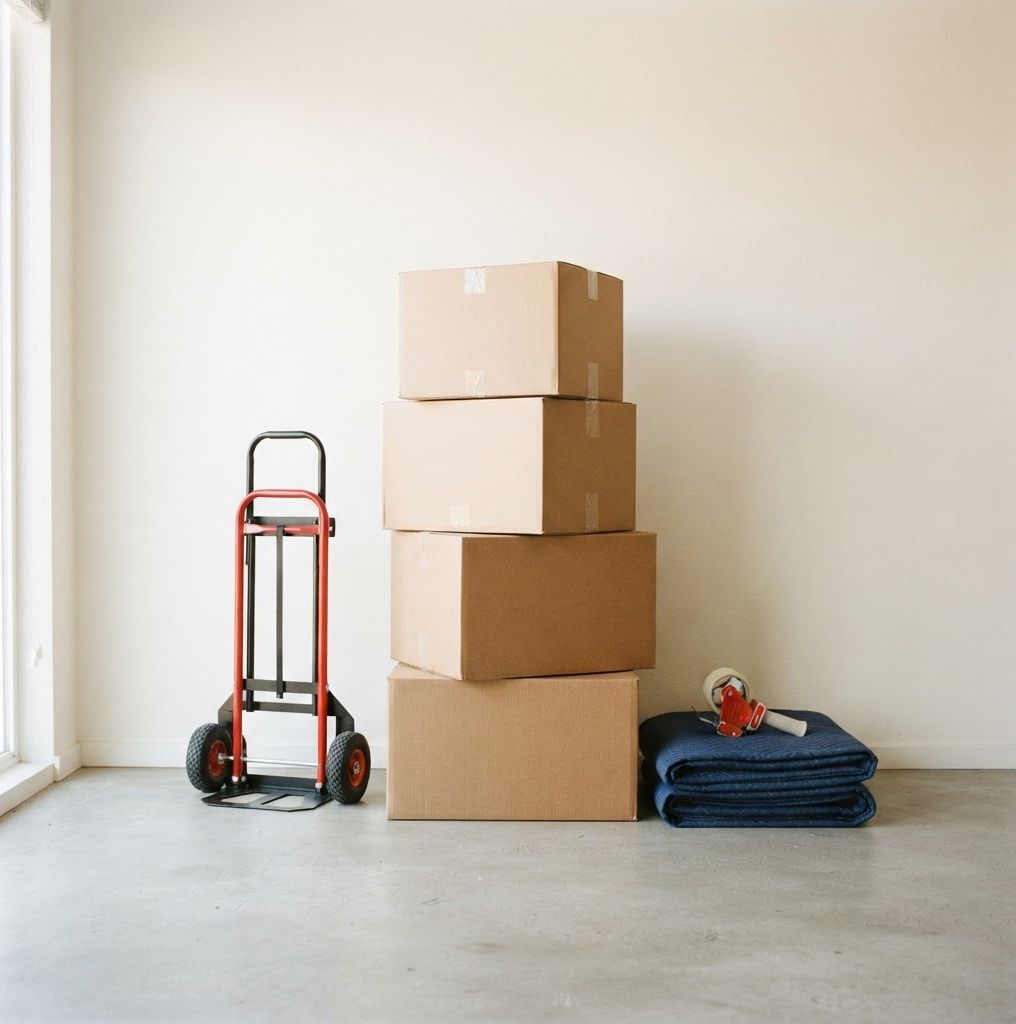 Stacked carton boxes and a hand truck ready for a move