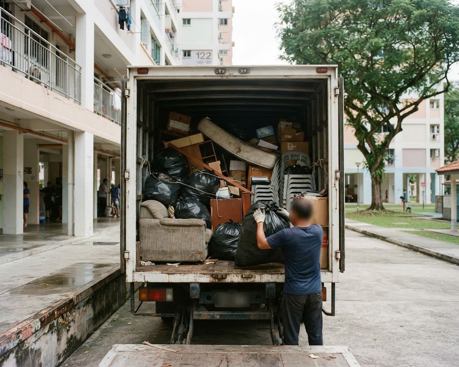 Mover loading rubbish bags, an old sofa and broken furniture into a lorry at an HDB block in Singapore