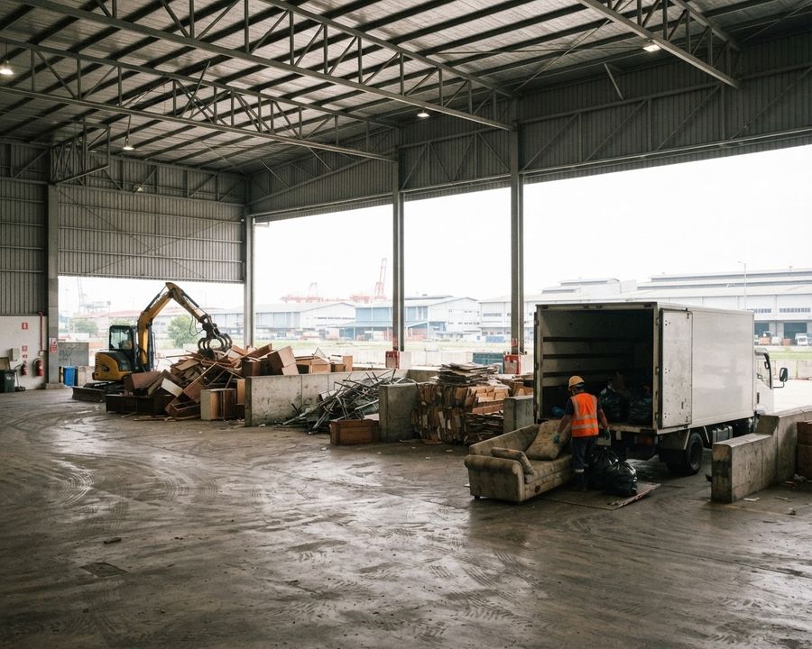 Lorry unloading an old sofa at a covered waste disposal and recycling facility in a Singapore industrial area