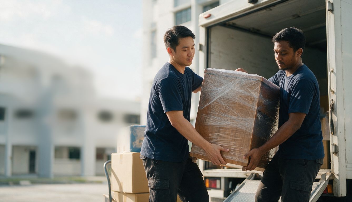 Two JustGo movers carrying a wrapped box out of a lorry