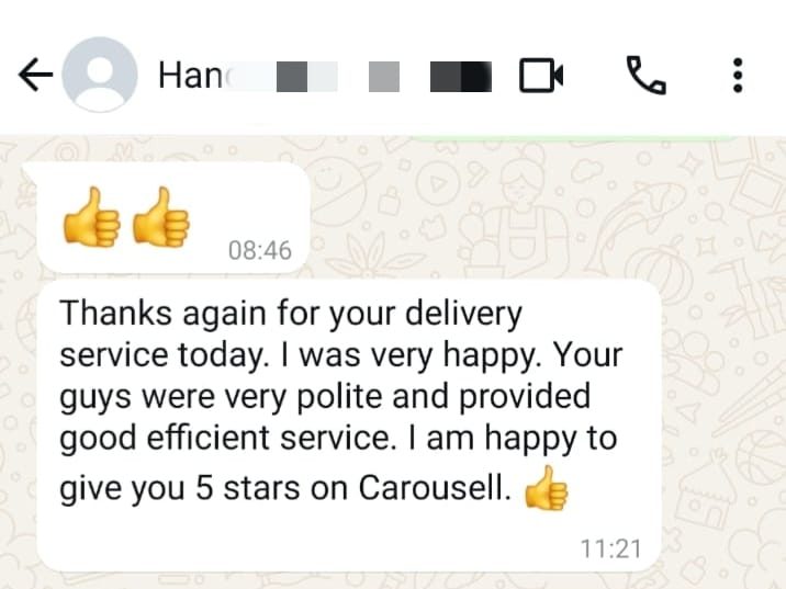Customer review on WhatsApp