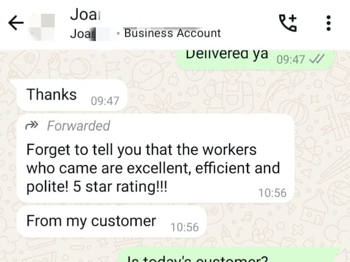 Customer review on WhatsApp
