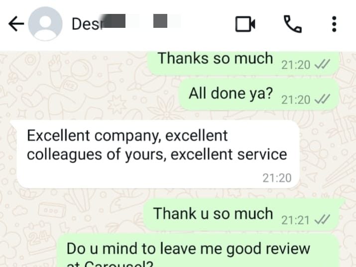 Customer review on WhatsApp